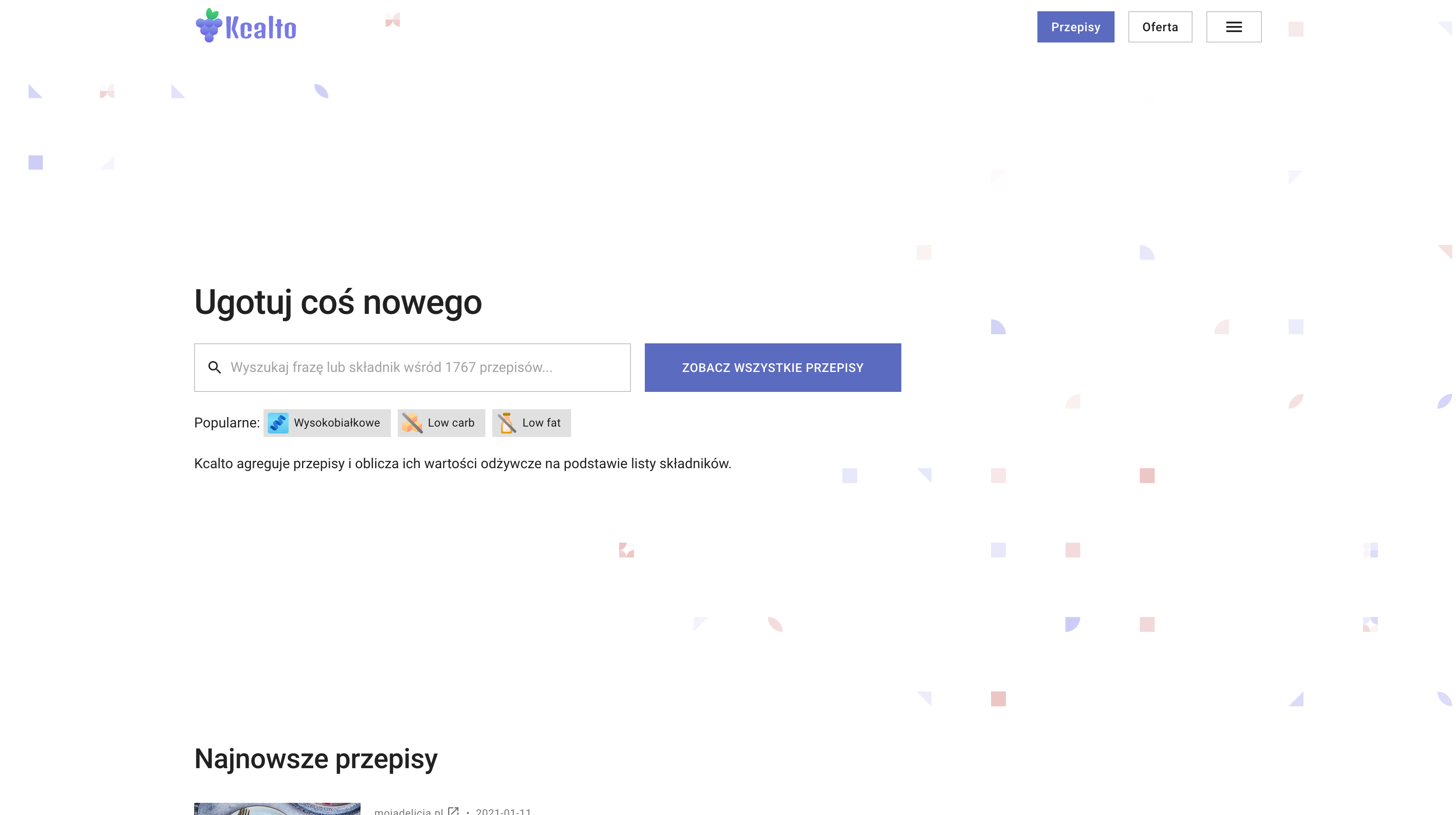 Kcalto home page and recipe search