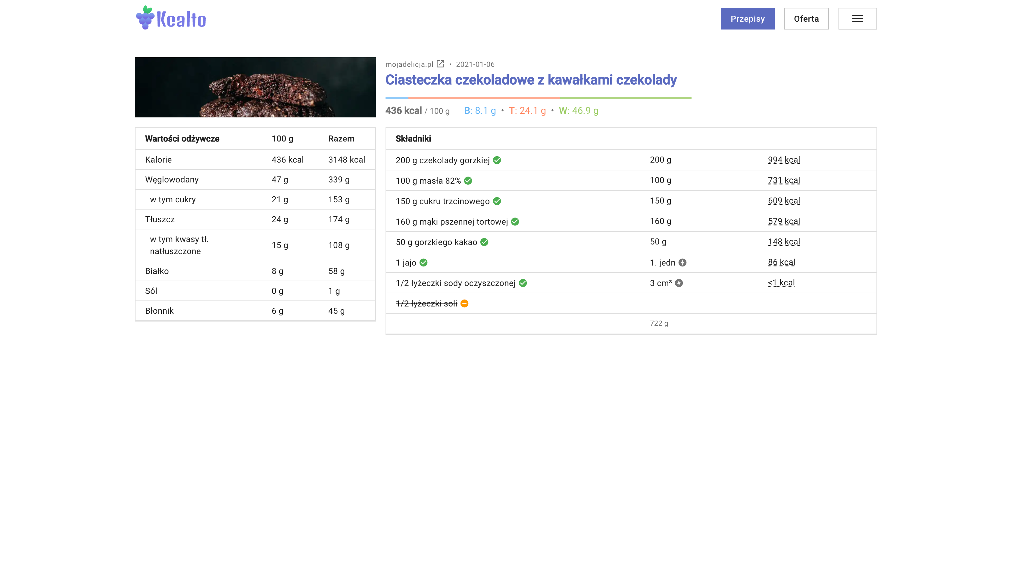 Kcalto nutrition calculation and recipe details