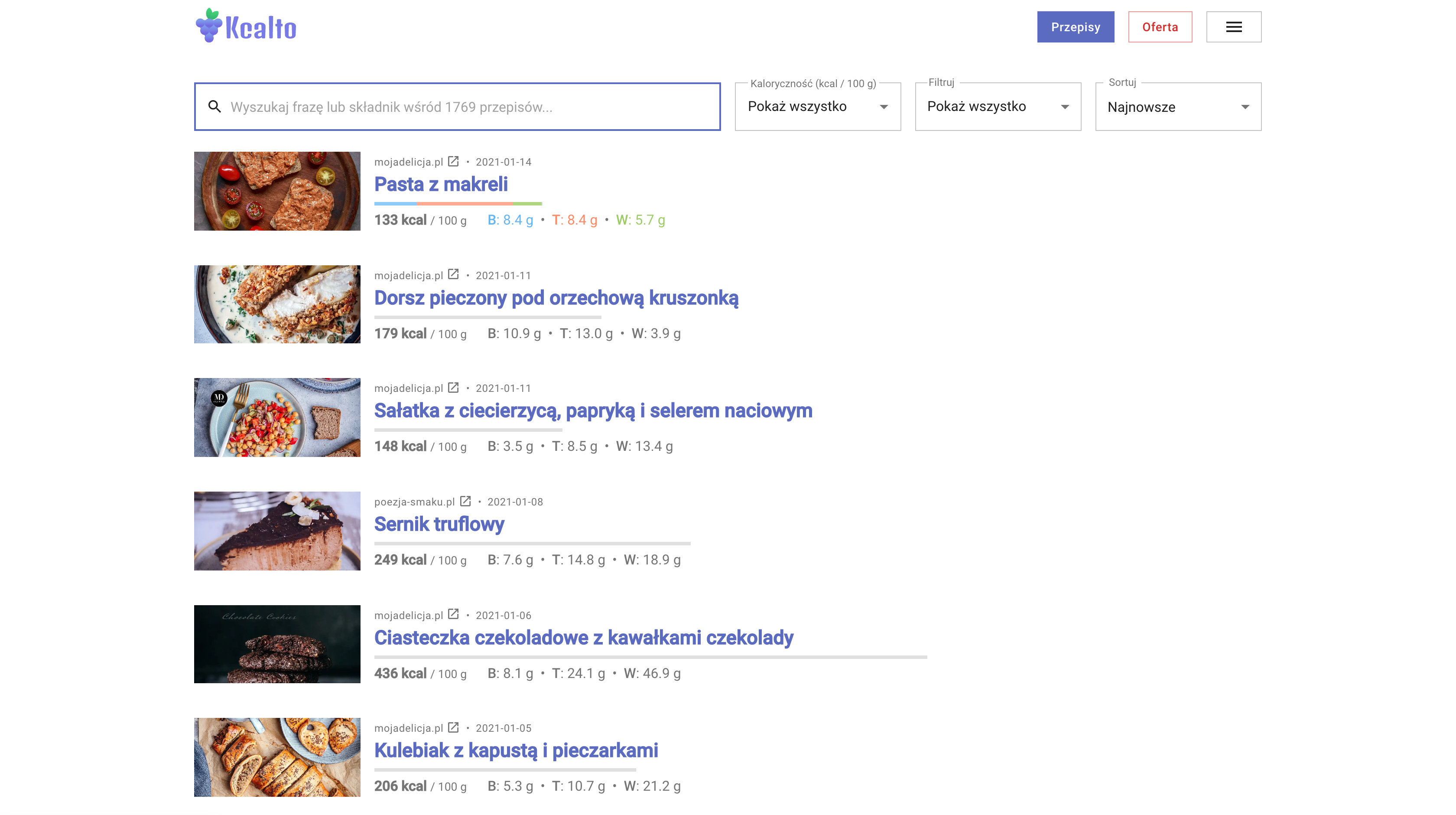 Kcalto recipe search results with nutrition filters